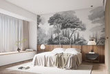 Vintage Style Art Print Graphic Non-Woven Wallpaper Black And White, Grey Shade For Office, Living Room, Bedroom 'Black And White Landscape: Forest Harmony' 🌲