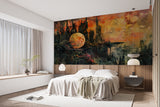 Futuristic Dystopian Cityscape Wall Mural – Surreal Sunset Abstract Peel and Stick Wallpaper, Living Room Art Print, Modern Office Design Decor