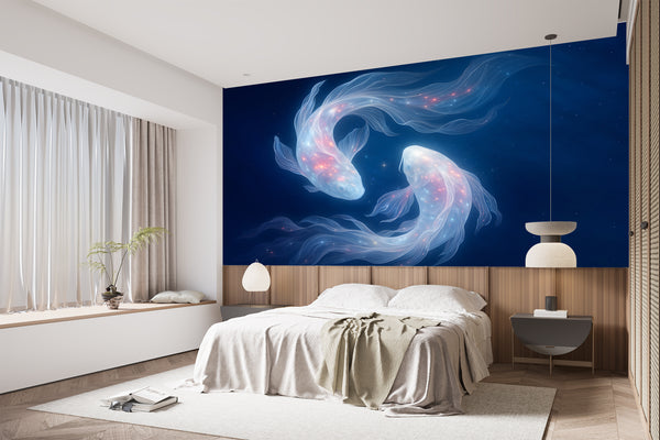 "White Koi Fish with Silver Glow" Wallpaper For Living Room, Bedroom. Self-Adhesive Accent Wall Wallpaper. Accent Wall Decor Wallpaper 🐟🐟