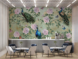 Self-Adhesive Wall Mural “Vintage Peacocks Among Roses” for Living Room