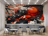 Japanese Koi Fish Wall Mural - Zen Red Sun & Cherry Blossom Ink Art Peel and Stick Wallpaper
