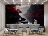 Moody Japanese Zen Garden Wall Mural - Dark Mist Mountains Peel and Stick Wallpaper