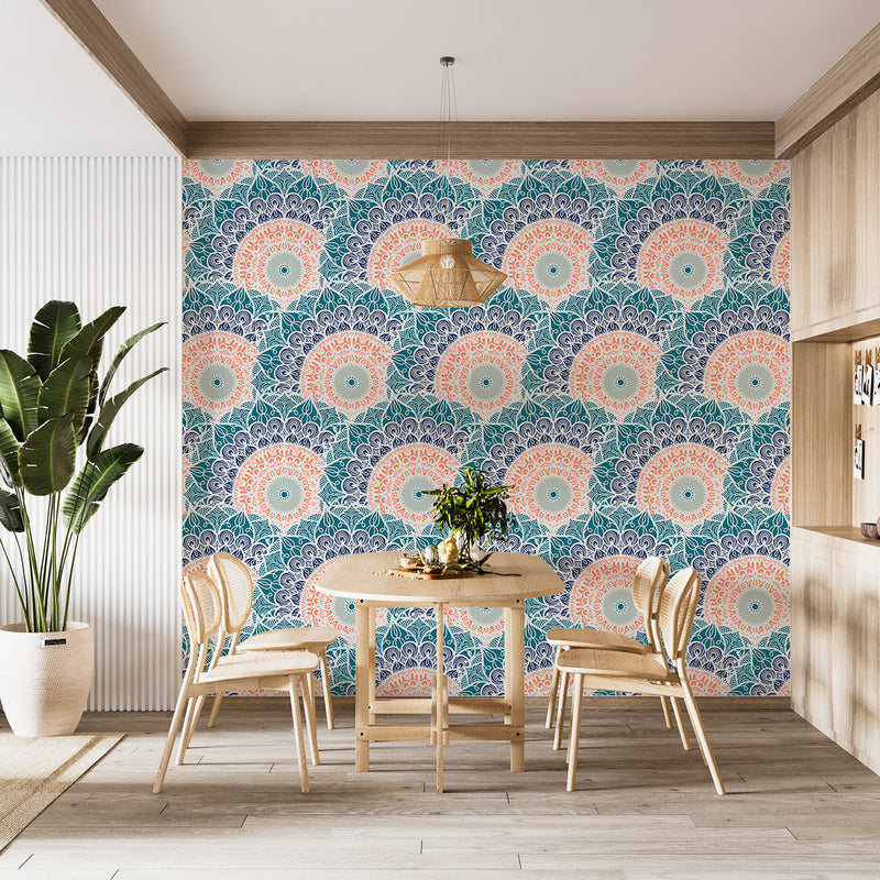Indian print Pastel colors Full wall Peel and Stick Mural for living room Art wall for bedroom Relaxation area design "Mandala" accent wall
