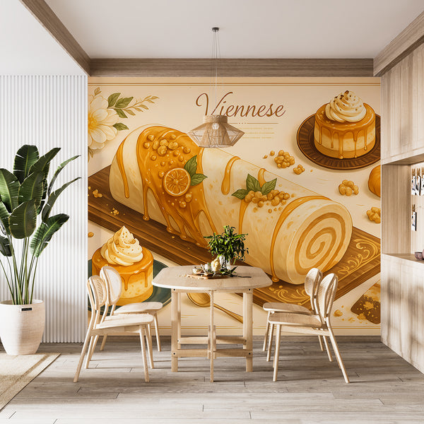 Wall mural for kitchen "Pumpkin Desserts" – full wall self-adhesive wallpaper, art design for cafes in French cuisine style 🍰