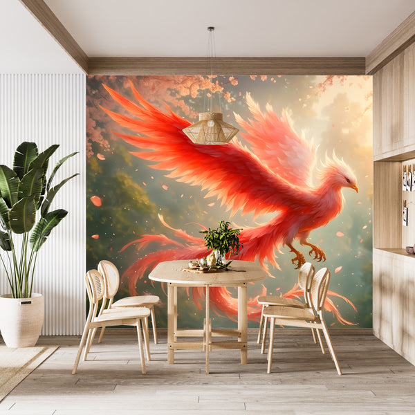 Wallpaper With Bird For Living Room, Relaxation Area, Meditatio Peel and Stick Mural ‘Flight Of The Phoenix In Sakura Blossoms’ Art Wall🌸🔥🕊️