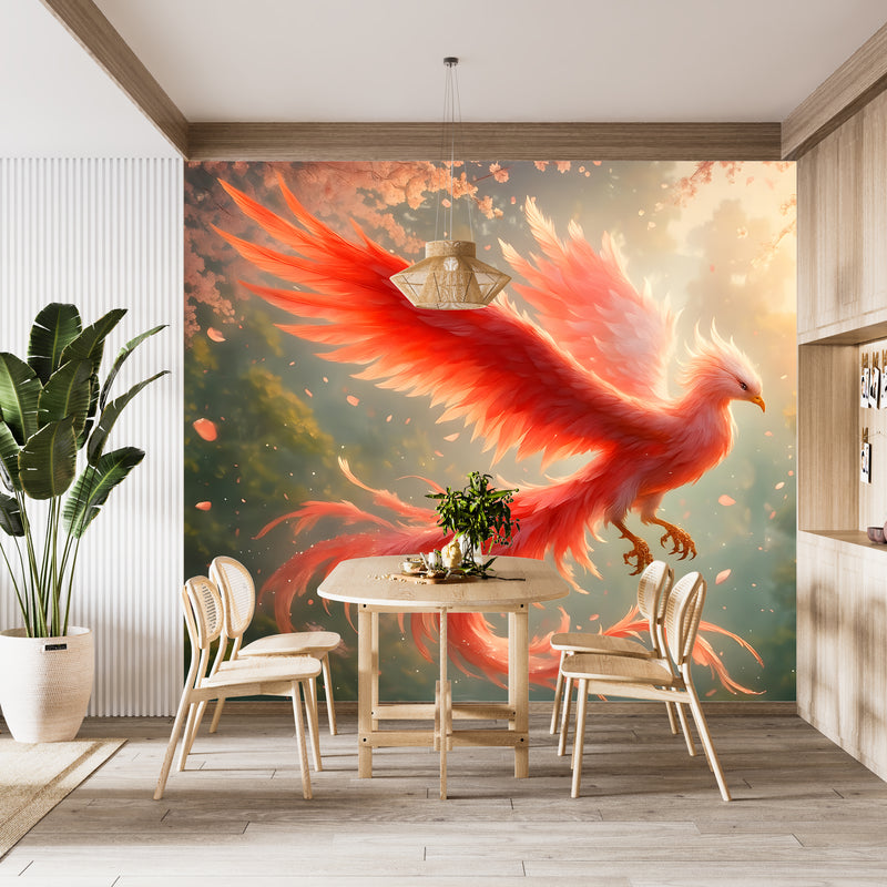 Wallpaper With Bird For Living Room, Relaxation Area, Meditatio Peel and Stick Mural ‘Flight Of The Phoenix In Sakura Blossoms’ Art Wall🌸🔥🕊️