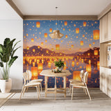 Peel and Stick Wall Mural Glowing Lanterns Over Water – Dreamy Nature Night Print for Kids Room