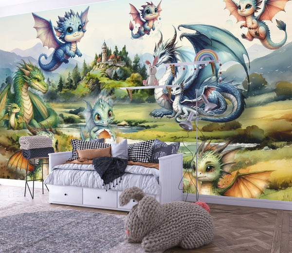 Self-Adhesive Full Wall Wallpaper For Kids Room, For Kindergarten "Dragon Family" Fairytale Print