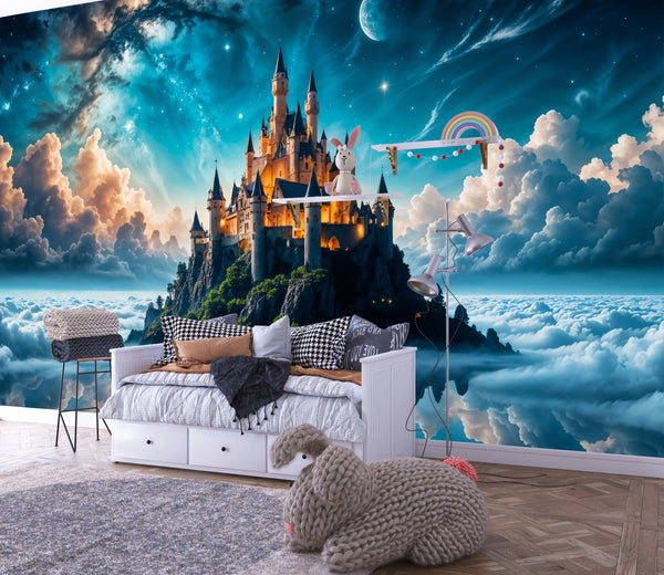High-Quality Non-Woven Photo Wallpaper, "Heavenly Fairytale: Castle In The Clouds" Full Wall Print For Kids' Room