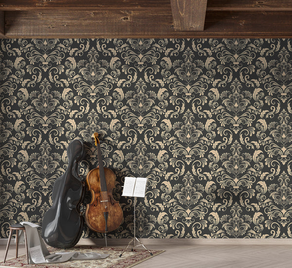Vintage Style Vinyl Wallpaper Wallpaper for Themed Venue Design, Living Room, or Bedroom. Wall Print 'Royal Damask Ornament'