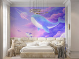 Dreamy Space Whale Wall Mural - Pastel Purple Clouds & Planets Nursery Non-Woven Wallpaper