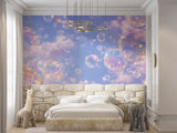 Dreamy Iridescent Bubbles Wall Mural - Pastel Sky & Soft Clouds Peel and Stick Wallpaper