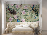 Non-Woven Vintage Floral Wallpaper Royal Peacock Garden Wall Mural