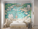 Kawaii Polar Bear Creek Picnic Nursery Wallpaper - Peel & Stick Mural