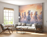 White Horses Running on the Ocean at Sunset – Non-Woven Wall Mural, Majestic Coastal Horse Wallpaper