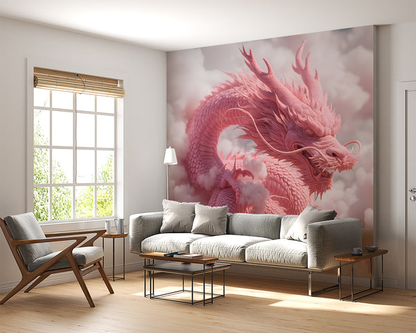 3D Wallpaper In Pastel Colors Self-Adhesive Wallpaper For Living Room, Print For Bedroom 'Pink Dragon In The Clouds' For Kids Room, Design For Relaxation Area 🐉