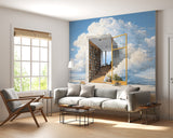 Dreamy Sky Library Wall Mural for Kids Room – Magical Floating Books Self-Adhesive Wallpaper