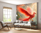 Wallpaper With Bird For Living Room, Relaxation Area, Meditatio Peel and Stick Mural ‘Flight Of The Phoenix In Sakura Blossoms’ Art Wall🌸🔥🕊️