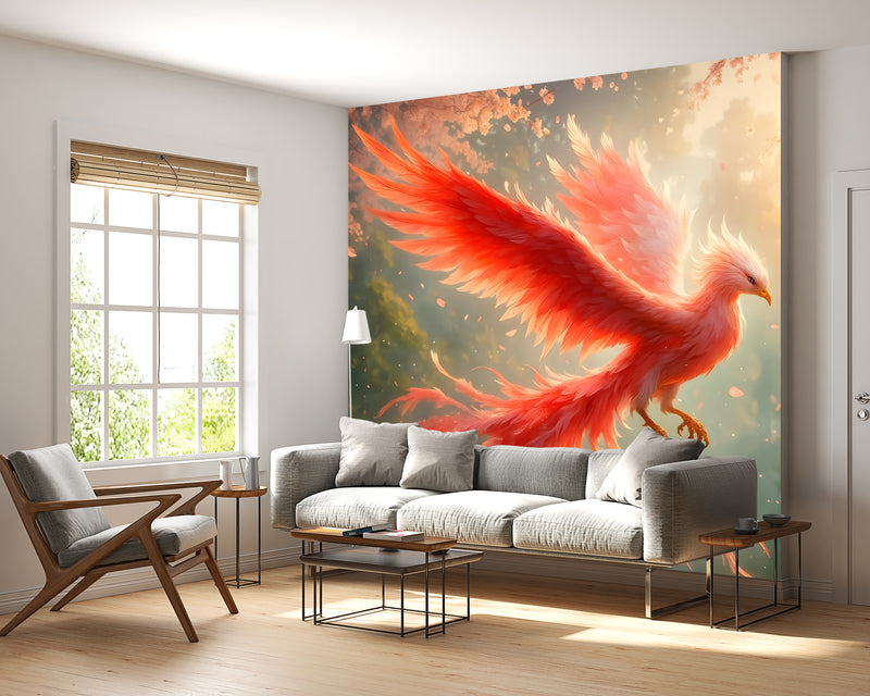 Wallpaper With Bird For Living Room, Relaxation Area, Meditatio Peel and Stick Mural ‘Flight Of The Phoenix In Sakura Blossoms’ Art Wall🌸🔥🕊️