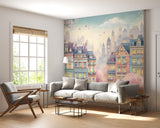 Whimsical Spring Town Wall Mural – Colorful Fantasy Houses Peel and Stick Wallpaper