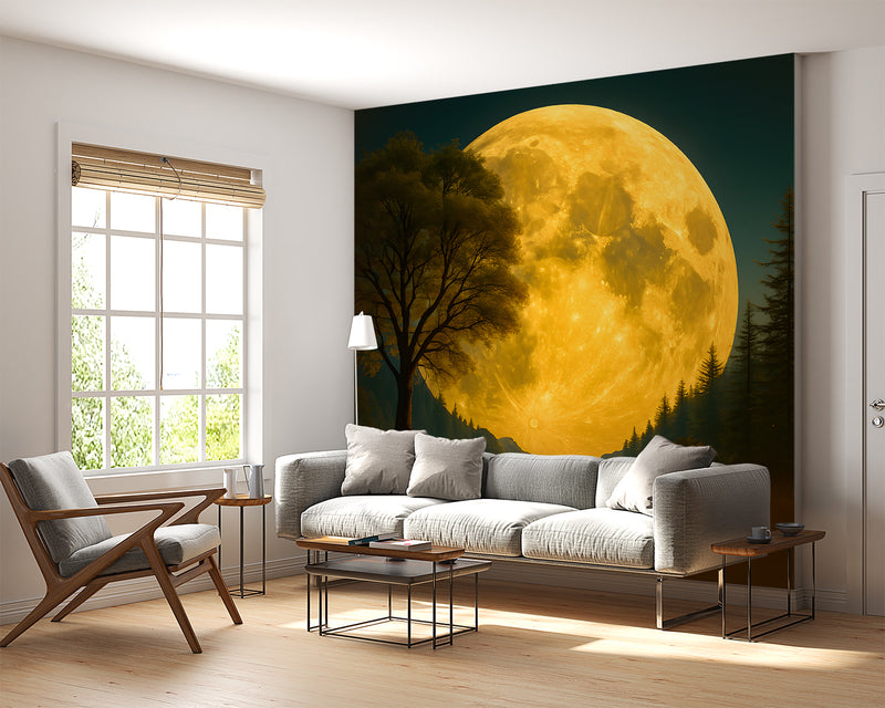 Natural Print Peel and Stick Mural For Living Room, Bedroom Office Poster "Mysterious Glow Of The Full Moon Over The Lake"
