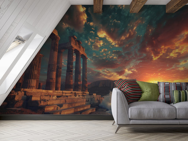 Vinyl Peel and Stick Wall Mural For Living Room Or Bedroom "Ancient Ruins On The Coast At Sunset"