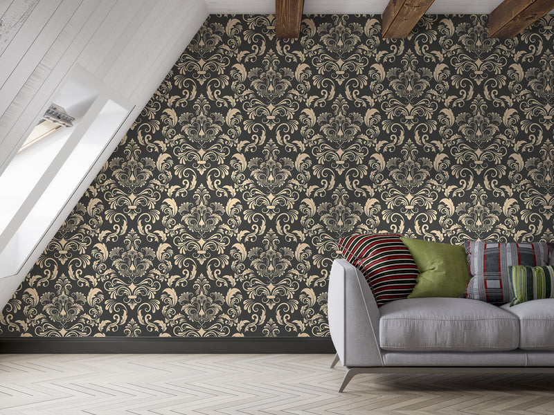 Vintage Style Vinyl Wallpaper Wallpaper for Themed Venue Design, Living Room, or Bedroom. Wall Print 'Royal Damask Ornament'
