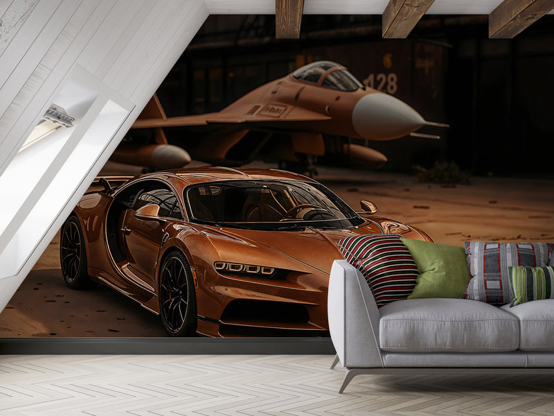 Car in bronze color Self-adhesive wall mural for workshop, office, study, or hall stylish wall mural "Sports car and fighter jet in a unified color scheme" ✈️🚗