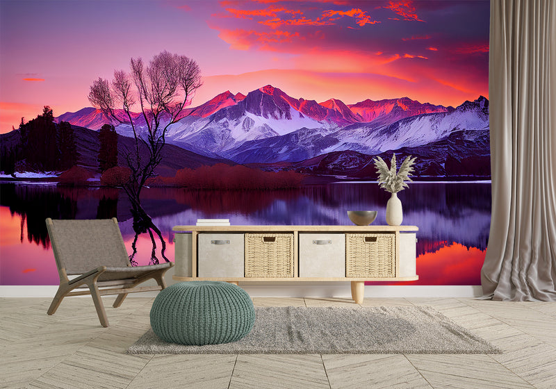 Bedroom and Living Room Wallpapers – Natural Print, Traditional Wall Murals for Accent Wall "Magnetic Mountains in Sunset Rays", Bold Design 🌄