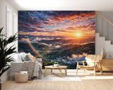 Non-Woven Wallpaper Panoramic Mountain Sunset Wall Art with Rainbow for Bedroom