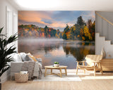 Bright Print Wall Mural For Entire Wall Accent Wall Self-Adhesive Wallpaper For Living Room Autumn Lake Art For Bedroom Fog Over The Lake Poster For Relaxation Area