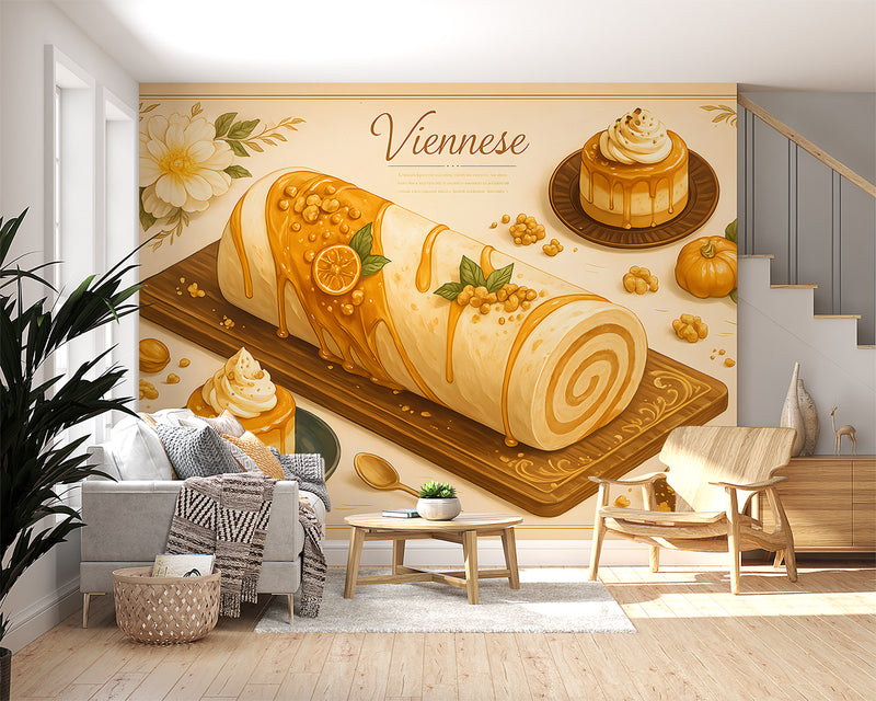 Wall mural for kitchen "Pumpkin Desserts" – full wall self-adhesive wallpaper, art design for cafes in French cuisine style 🍰