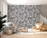 Floral print Black and white art Calm tones on the wall Peel and stick wallpaper for living room or bedroom "Graphic Roses" Nature-inspired design Accent wall