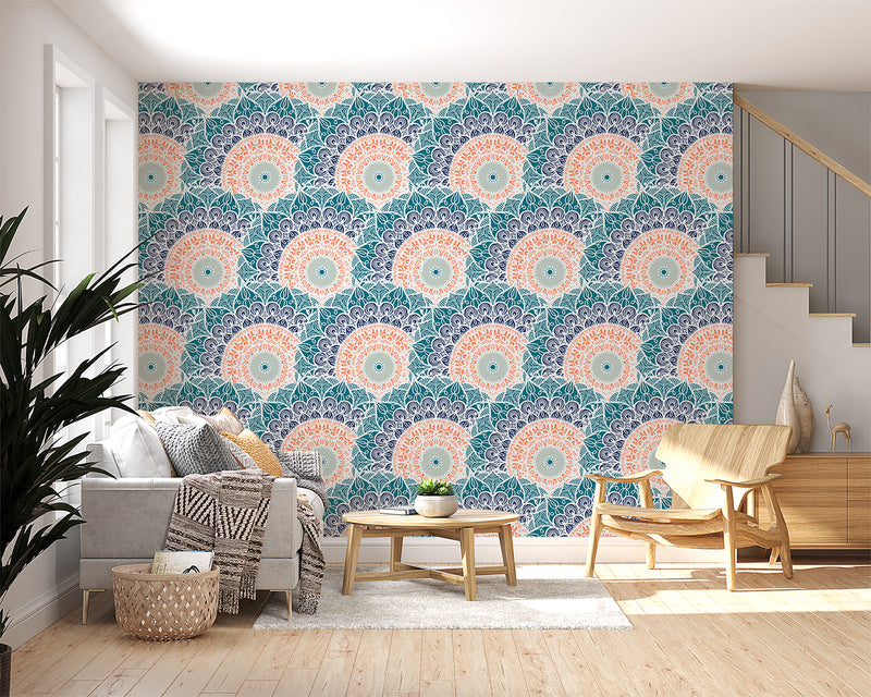 Indian print Pastel colors Full wall Peel and Stick Mural for living room Art wall for bedroom Relaxation area design "Mandala" accent wall