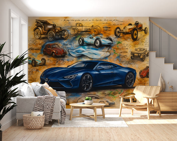 Vintage-style car wallpaper Peel and Stick wall mural for living room, kids' room, art wall in the hall, and office wall print 🚙
