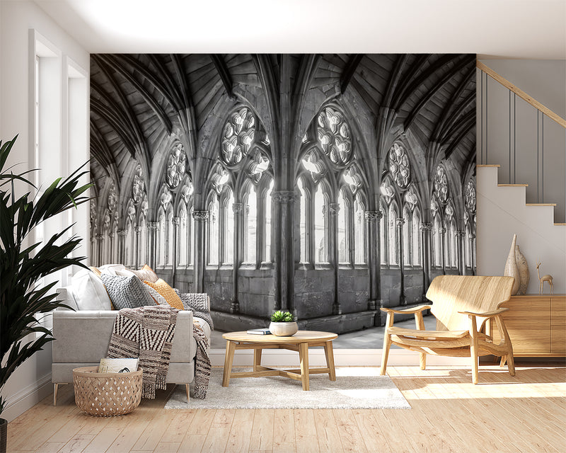 Non-Woven Black and White Wallpaper Lincoln Cathedral Interior – Large Architectural Wall Mural for Living Room, Office, and Bedroom