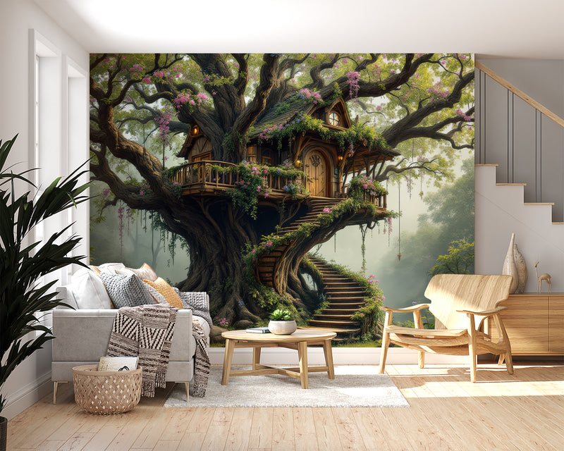 Children’s Dream Fantasy-Themed Mural Desing, Self-Adhesive Kids Wallpaper, Nursery Room Print, ‘Treehouse’ Wall Art