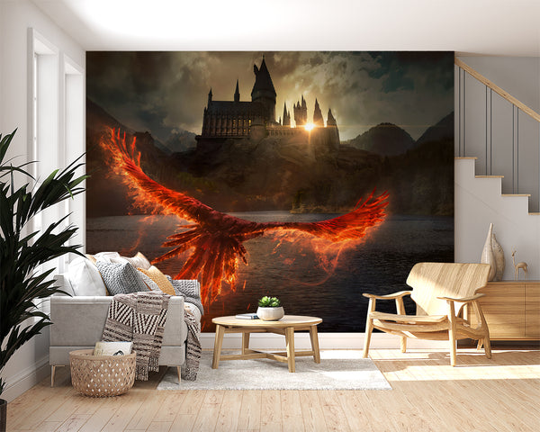 Flight of the Phoenix to the Gothic Castle – Peel and Stick Full Wall Mural, Office Wall Print, Vibrant Design for Living Room, Wallpaper for Home Office