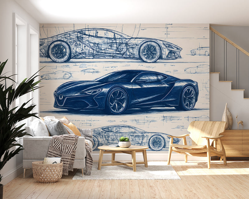 Minimalist wall design Full-wall self-adhesive wallpaper for garage, office print, art wall for a teenager's room "Car Blueprint in Blue" 🚗