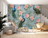 Peel and Stick Wall Mural Peacocks in Flowers for Bedroom
