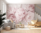Non-Woven Wall Mural Soft Pink Peonies Floral Decor for Restaurant & Bedroom