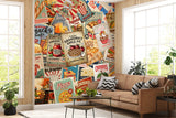 Non-Woven Wall Mural Vintage Food Poster Collage – Retro Restaurant Concept Wallpaper