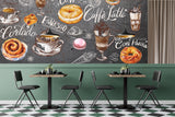 High-Quality Peel and Stick Full-Wall Mural Wallpaper, Vibrant Wallpaper for Kitchen Design, Interior Idea for Café or Restaurant — "Coffee and Dessert on a Dark Background"
