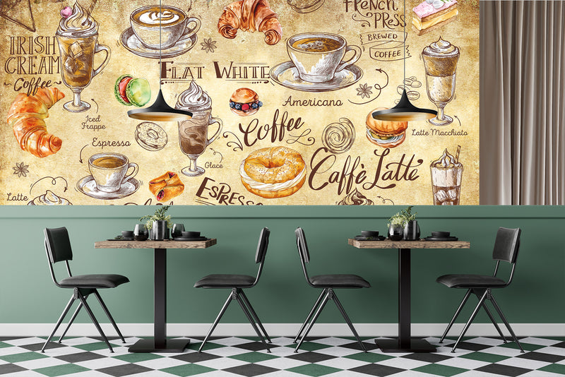 Non-woven wallpaper, vibrant wall decor for kitchen or café – "Coffee and Dessert in Vintage Style"