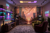 Sunset Cityscape Wall Mural Non-Woven Wallpaper Dreamy Pink Galaxy Urban Print