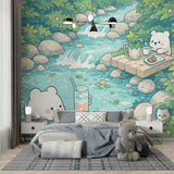 Kawaii Polar Bear Creek Picnic Nursery Wallpaper - Peel & Stick Mural
