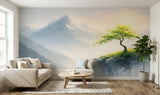 Serene Mountain Mist and Lone Tree Wall Mural - Non-Woven Wallpaper