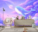 Dreamy Space Whale Wall Mural - Pastel Purple Clouds & Planets Nursery Non-Woven Wallpaper