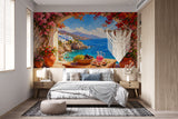 Impressionist Santorini Sea View Wall Mural - Mediterranean Terrace Oil Painting Non-Woven Wallpaper