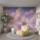 Dreamy Majestic Sailing Ship Wallpaper - Whimsical Pastel Clouds Wall Mural
